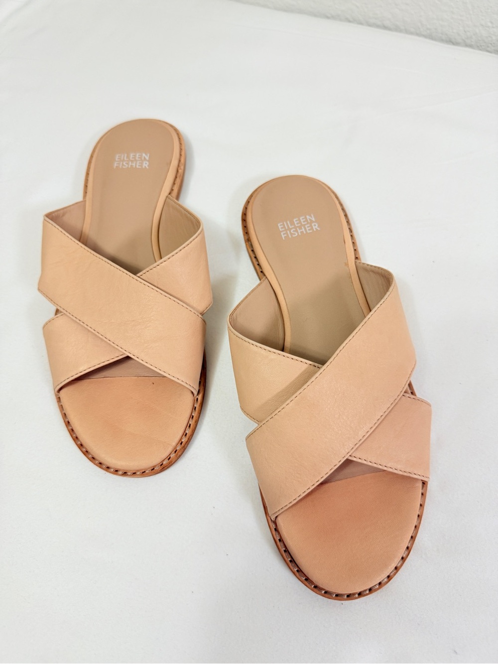 Eileen Fisher Leather Criss Cross Slide Sandals Beige Womens Size 7